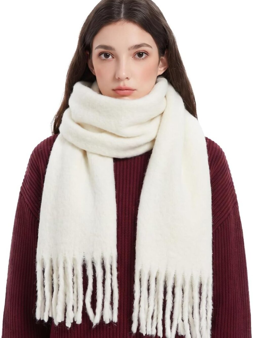 Cozy Women's Solid Merino Wool Tassel Scarf - Soft Cashmere Feel Chunky Shawl